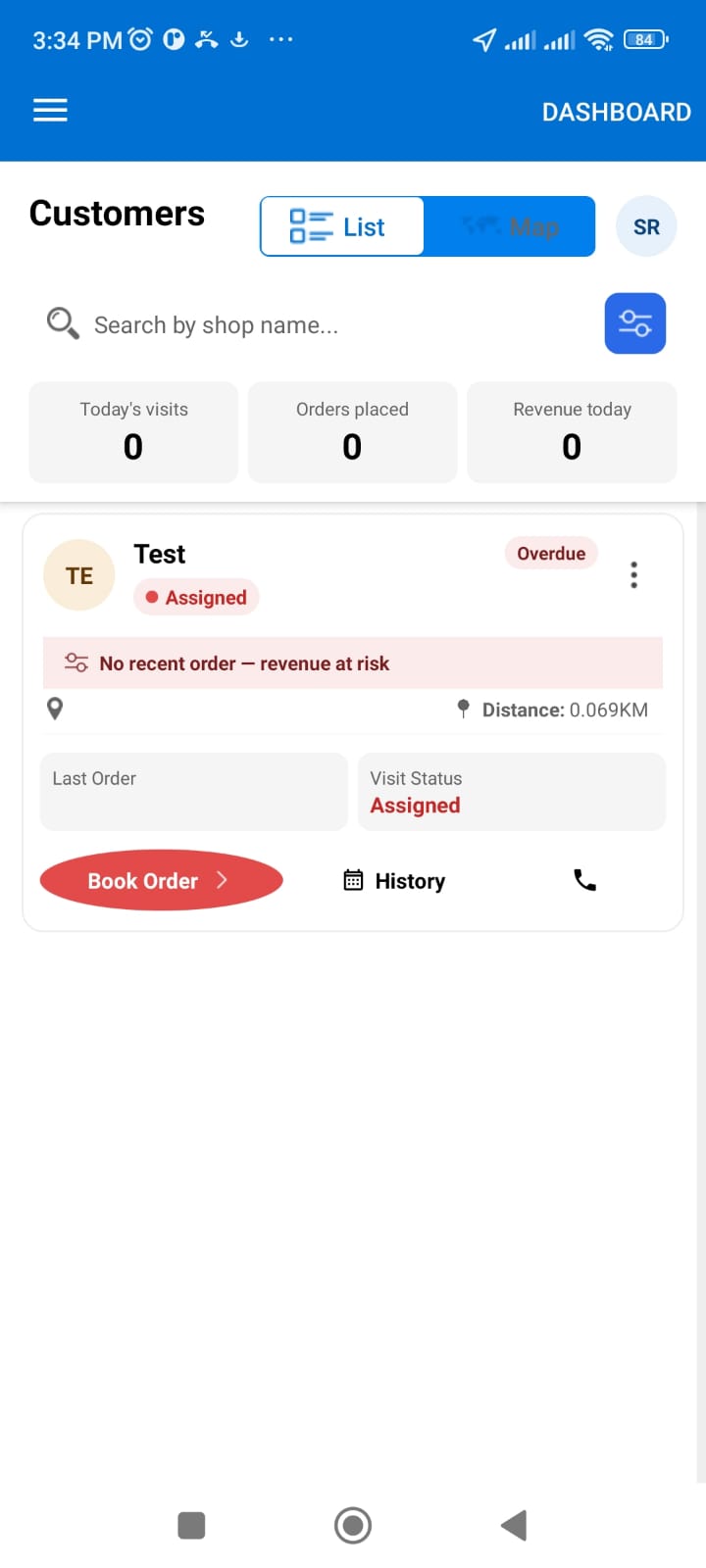 Customer list screen